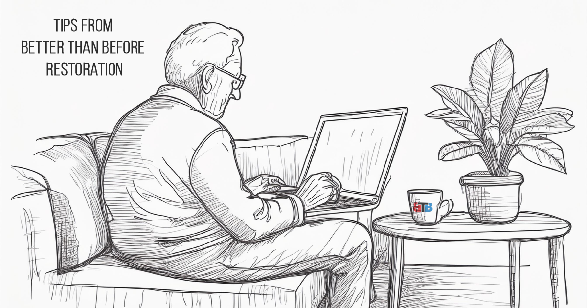 Graphic of an older gentleman looking at his laptop containing photos he uploaded for his insurance policy.