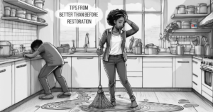 Graphic of a young couple devastated over a recent water leak in their kitchen.