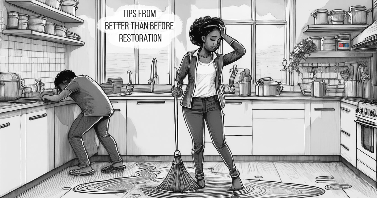 Graphic of a young couple devastated over a recent water leak in their kitchen.