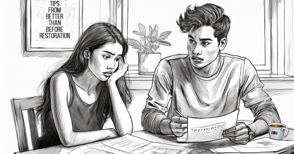 A young couple sits at their kitchen table reviewing their homeowners policy, unsure of what it all means.