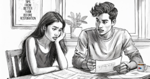 A young couple sits at their kitchen table reviewing their homeowners policy, unsure of what it all means.