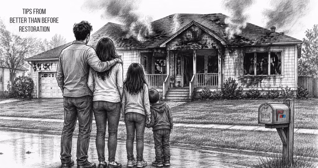 A family of four stands on the sidewalk looking at their home after a fire has just been put out, smoke still rising from several parts of the roof and windows. Text displays "Tips from Better Than Before Restoration".