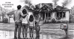 A family of four stands on the sidewalk looking at their home after a fire has just been put out, smoke still rising from several parts of the roof and windows. Text displays "Tips from Better Than Before Restoration".